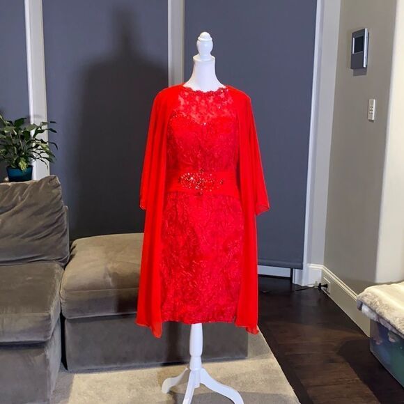 Women’s Red Dress with Corset Back and Matching Chiffon Jacket Size M - Picture 1 of 12